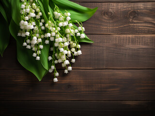 Lily of the valley flowers arranged on wooden surface