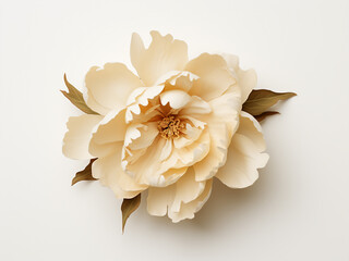 Flat lay view of lone beige peony against white background
