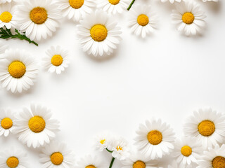Daisies creatively arranged on white desktop for holiday greetings
