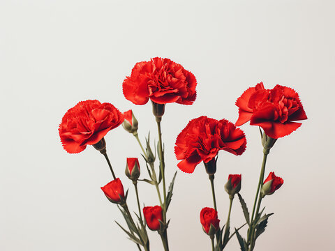 Toned photo features little red carnation flowers on light background