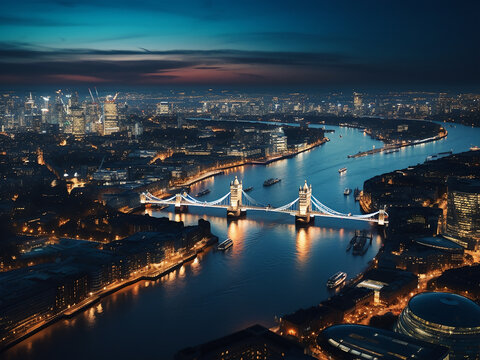 Urban buildings of London captured over Thames River during night