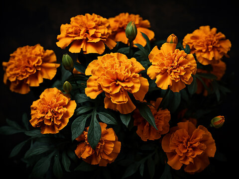 Dark-themed photos featuring marigold flowers are perfect for postcards or presentations