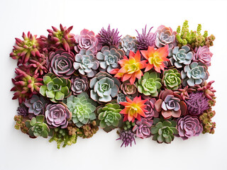 Succulent plants arranged in a top corner frame create a vibrant scene on a white background