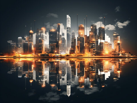 Toned image of a modern cityscape at night in a double exposure