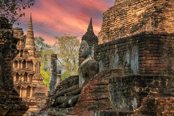 Sukhothai Wat Mahathat Buddha statues at Wat Mahathat ancient capital of Sukhothai  Thailand....