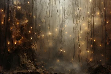 Gordijnen Enchanted Forest Scene with Mysterious Hanging Lights Amidst Fog © KirKam