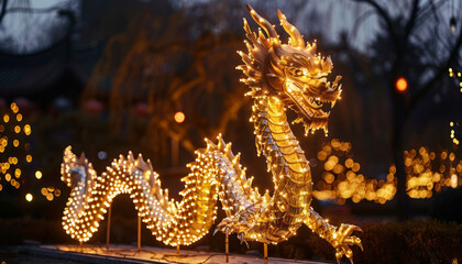 Fototapeta premium A golden dragon coiled around, curling,sparkling lights,generative ai