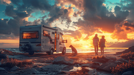 Photorealistic, French spaniel and newly retired couple aside a VR camper looking the Sunset at the beach, Action Shot Photography, Epic dynamic pose, Epic Cinematic composition, Cinematic Volumetric 