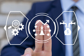 Man using virtual touchscreen presses icon of representing strategy: king chess figure and flowchart with growth graph. Business strategy and action plan concept. Targeting the business development.