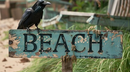 Raven Perched on the Old ‘BEACH’ Sign