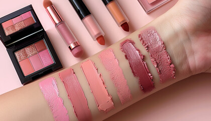 Vibrant swatches of pink, coral, and mauve makeup, accentuated by rose gold and mauve compacts,...