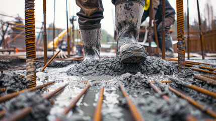 Skilled Worker in Protective Gear Pouring Cement for Construction Foundation