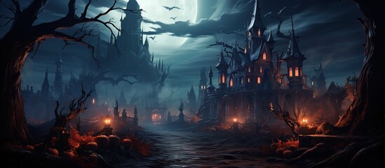 Scary halloween background with spooky haunted house and graveyard - obrazy, fototapety, plakaty