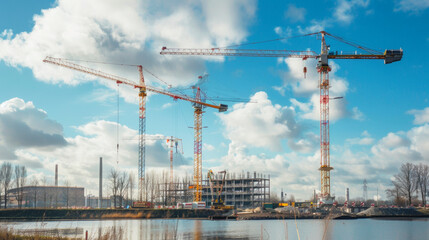 Construction Site with Multiple Cranes and Buildings Under Development