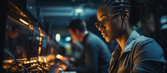 Portrait of african american girl playing computer game at night - obrazy, fototapety, plakaty