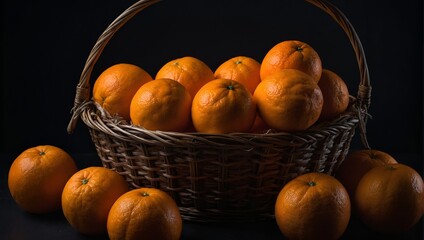 large basket full of oranges, black background