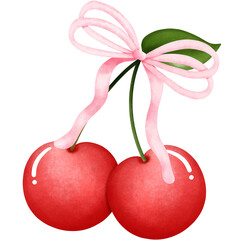 Pink coquette cherry bow clipart, Hand drawn watercolor illustration.