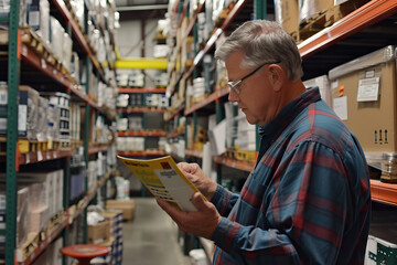 Senior Man Intently Reading Product Information in Store Aisle