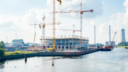 Construction Site with Multiple Cranes and Buildings Under Development