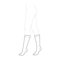 Calf-high Stocking hosiery hose. Fashion accessory clothing technical illustration. Vector side view for Men, women, unisex style, flat template CAD mockup sketch outline isolated on white background