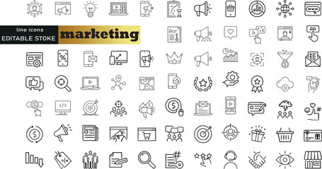 Digital marketing icons set. Content, search, marketing, ecommerce, seo, electronic devices, internet, analysis, social and more line icon.