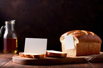 Fototapeta na wymiar Product packaging mockup photo of bread with blank white card, studio advertising photoshoot