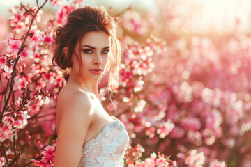 Bridal Beauty with a Serene Expression Posing in Spring Blossoms