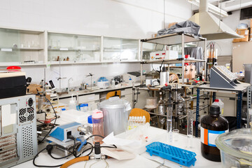 Chemical laboratory interior with different lab equipment and glassware