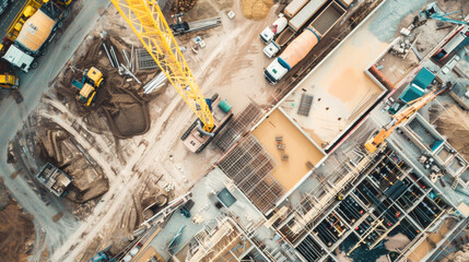 Aerial View of Construction Site with Excavation Work and Concrete Foundations