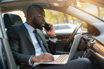 Businessman Multitasking with Laptop and Phone in Car