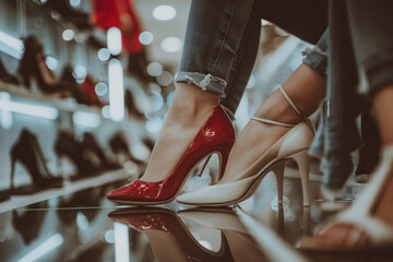 Elegant Red High Heels and Nude Pumps in a Shoe Store - obrazy, fototapety, plakaty