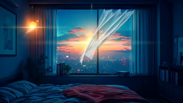 bedroom window is open, and the city skyline at night. Seamless looping 4k time-lapse video animation background 
