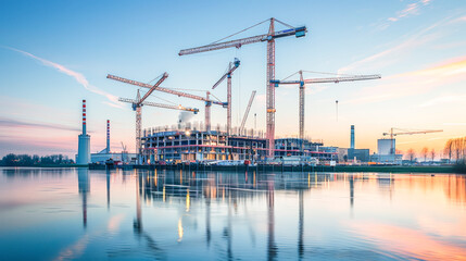 Building Construction: Site with Sunset Reflections, Cranes, and Structure in Progres