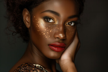 Portrait of a Woman with Golden Glitter Makeup
