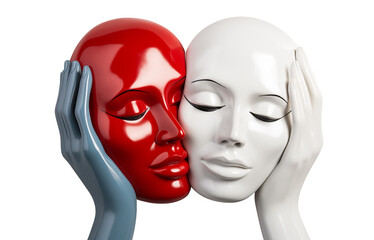Red and White Masks Held by Hands on transparent background. Duality and Identity Concept. Two Faces Touching. Emotions and Relationships Concept. 
