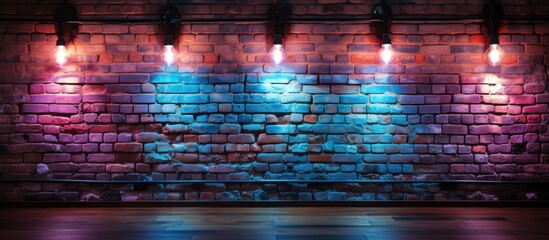 Brick wall with red and blue neon lights.