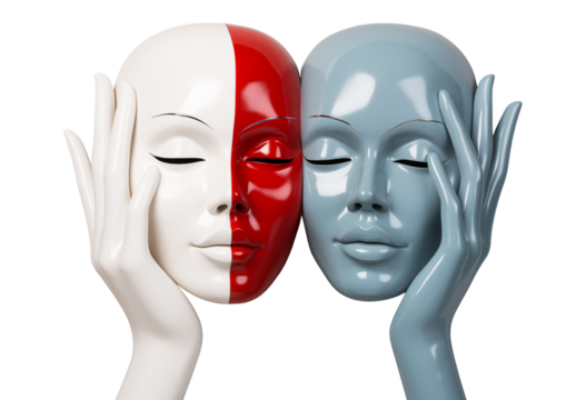 Red and White Masks Held by Hands on transparent background. Duality and Identity Concept. Emotions and Relationships Concept. Mystery and Theater