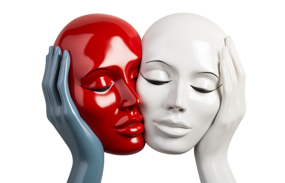 Red and White Masks Held by Hands on transparent background. Duality and Identity Concept. Two Faces Touching. Emotions and Relationships Concept. 