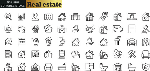 Real estate icons set. Set of 55 Real estate outline icons collection. Rent, building, agent, house, auction, realtor, property, mortgage, home and more - obrazy, fototapety, plakaty