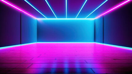 Empty room with abstract neon lighting , Generative AI