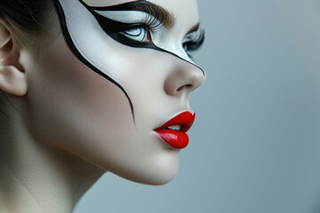 Avant-Garde Makeup with Bold Black and White Geometric Design and Red Lips
