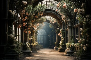 Vintage greenhouse with blooming arches