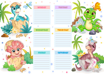 Cute four dinosaurs ready to print weekly planner vector