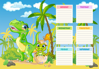 Kids school weekly planner with dinosaurs in jungle vector
