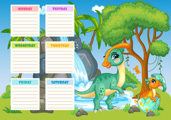 Kids school schedule weekly planner with two dinosaurs vector - obrazy, fototapety, plakaty