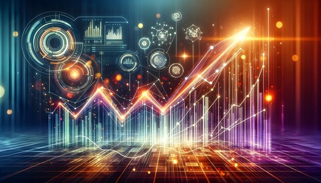 Vibrant holographic financial chart with upward trend and futuristic HUD elements.