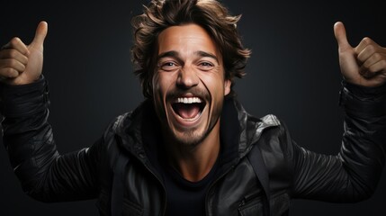 Portrait of a handsome young man laughing. Isolated on gray background.