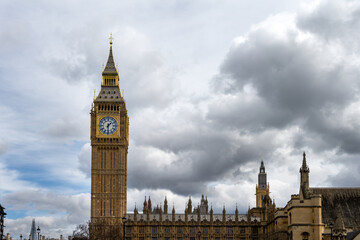 Big Ben and Houses of Parliament on a cloudy day, London, England