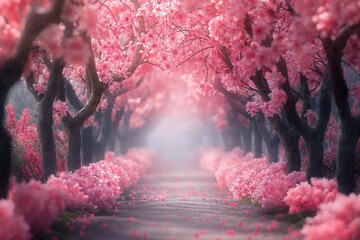 Alley of Pink Blossoming Trees in Springtime - Powered by Adobe