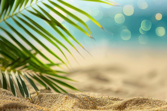 Sand with blurred Palm and tropical beach bokeh background, Summer vacation and travel concept. Copy space - generative ai